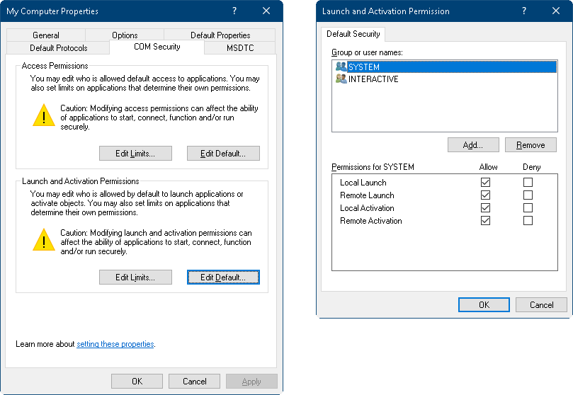 my computer properties launch permissions